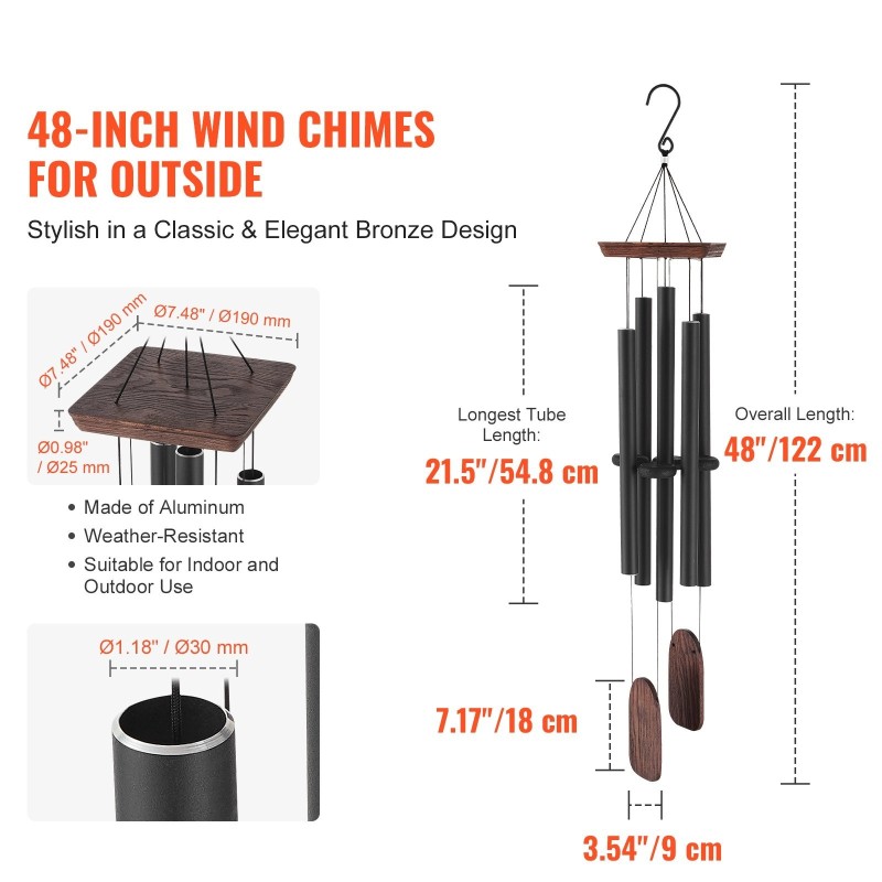 Tuulikello ulkokäyttöön 1220 mm 5 alumiiniputkea D-sävel musta