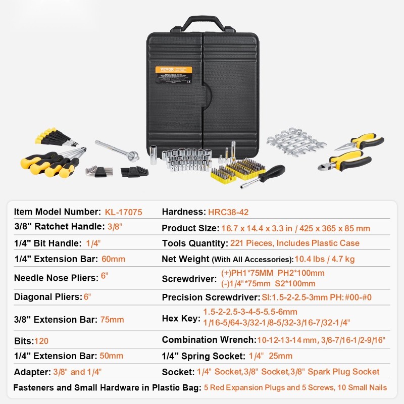 Mekaanikkosarja 221-osainen seosteräksestä 1/4- ja 3/8-tuuman vetokannoilla SAE- ja metrisiin kokoihin muovilaukulla