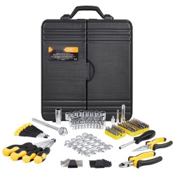 Mekaanikkosarja 221-osainen seosteräksestä 1/4- ja 3/8-tuuman vetokannoilla SAE- ja metrisiin kokoihin muovilaukulla