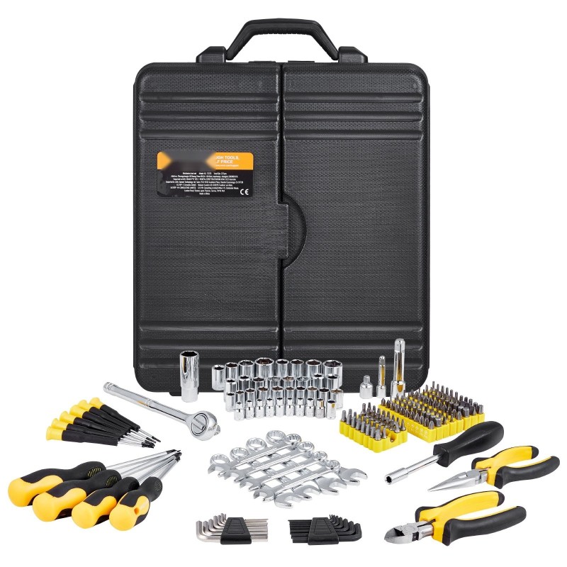 Mekaanikkosarja 221-osainen seosteräksestä 1/4- ja 3/8-tuuman vetokannoilla SAE- ja metrisiin kokoihin muovilaukulla