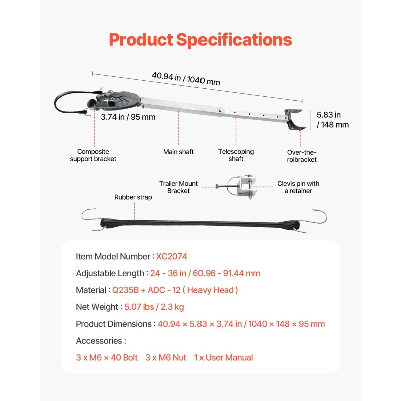 Peräpeilin tuki säädettävä 24–36 tuumaa galvanoitua metallia alle 100 hv trailereille