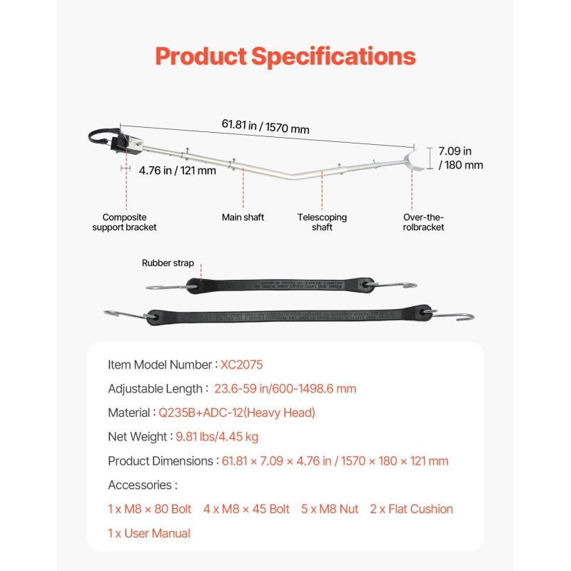 Säädettävä peräsuojatuki venetrailereihin galvanoitu metallirunko 600–1498 mm alle 150 hv