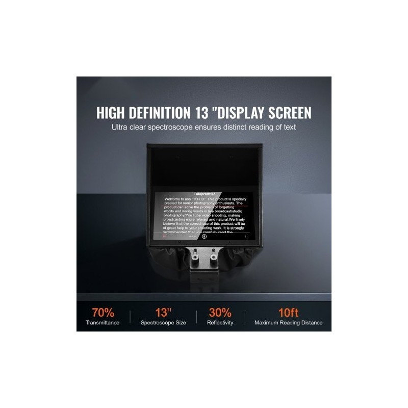 Lattiamallinen 13-tuumainen teleprompteri sinkitty teräslevy 70% valonläpäisy tukee DSLR-kameroita ja 11-tuumaisia älypuhelimia