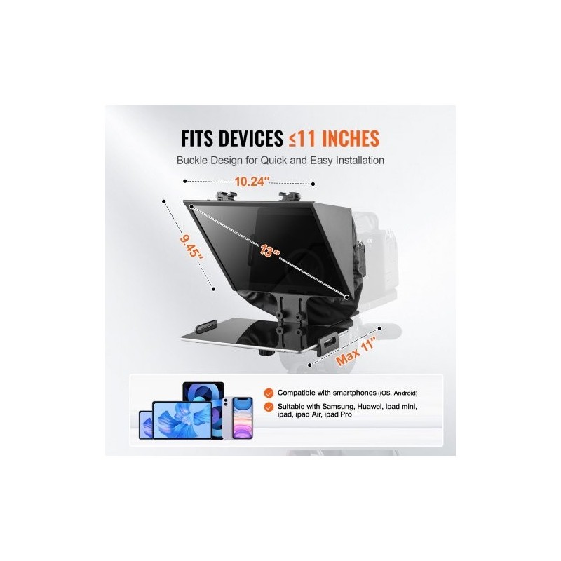 Lattiamallinen 13-tuumainen teleprompteri sinkitty teräslevy 70% valonläpäisy tukee DSLR-kameroita ja 11-tuumaisia älypuhelimia