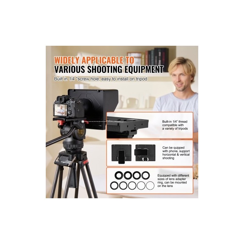 Pöytäteleprompteri 10-tuumainen alumiiniseoksesta ja ABS-muovista tukee järjestelmäkameraa ja älypuhelimia