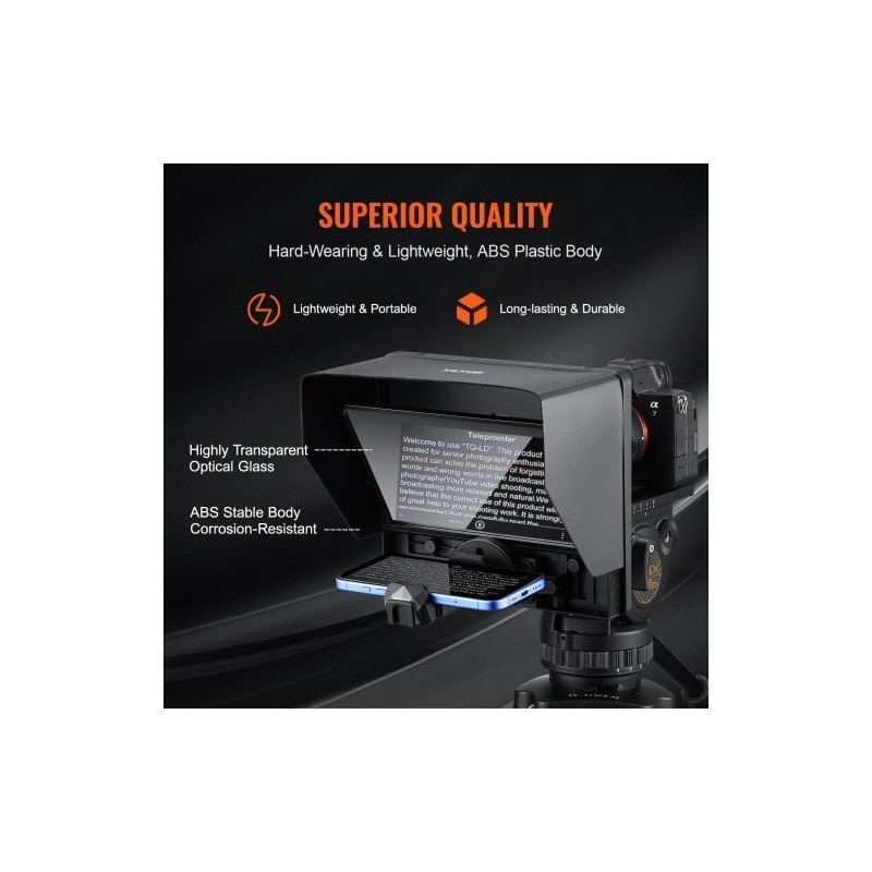 Pöytäteleprompteri 10-tuumainen alumiiniseoksesta ja ABS-muovista tukee järjestelmäkameraa ja älypuhelimia