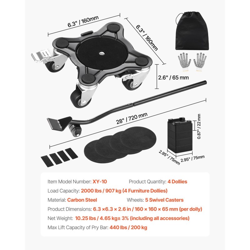 Huonekalukuljetin hiiliteräksinen 4 alusta 544 kg kantavuus 5 kääntyvää pyörää kodinkoneiden siirtoon