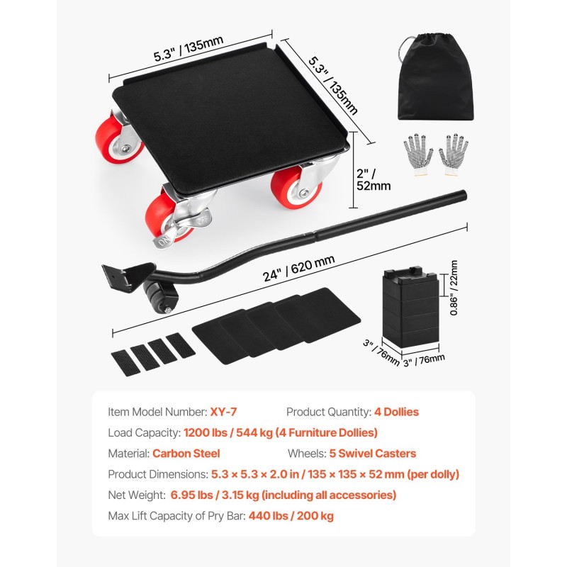 Huonekalualustasarja hiiliteräs 4 kpl 544 kg kantavuus 5 kääntyvää pyörää alustaa kohti