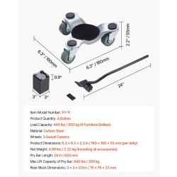 Huonekalujen ja kodinkoneiden siirtovaunasetti 4 kpl hiiliteräs 200 kg kolmipyöräinen