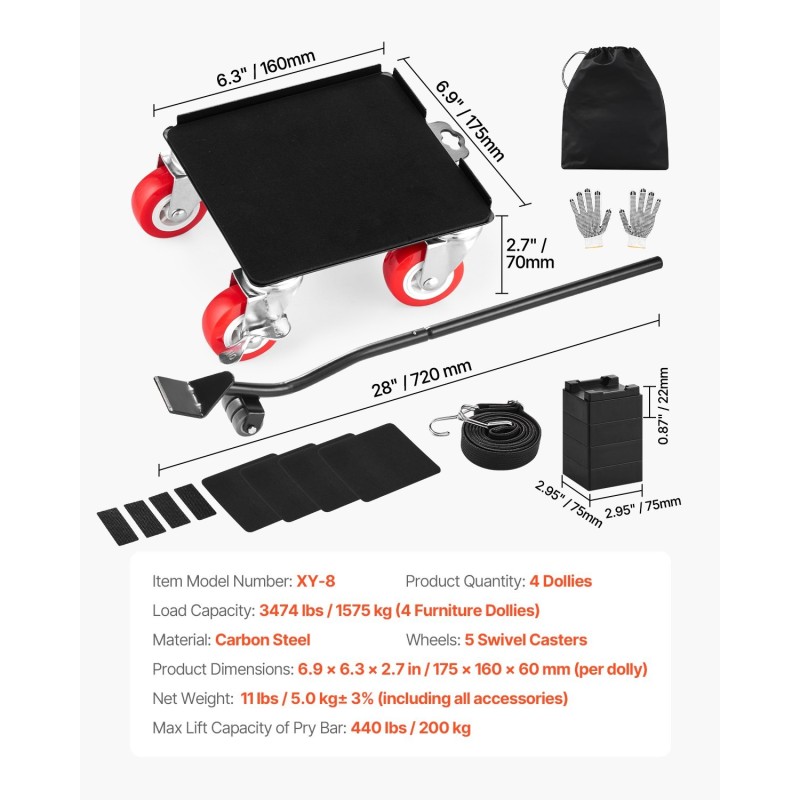 Huonekalukärryt hiiliterästä 4 kpl kantavuus 1575 kg 5 kääntyvää pyörää