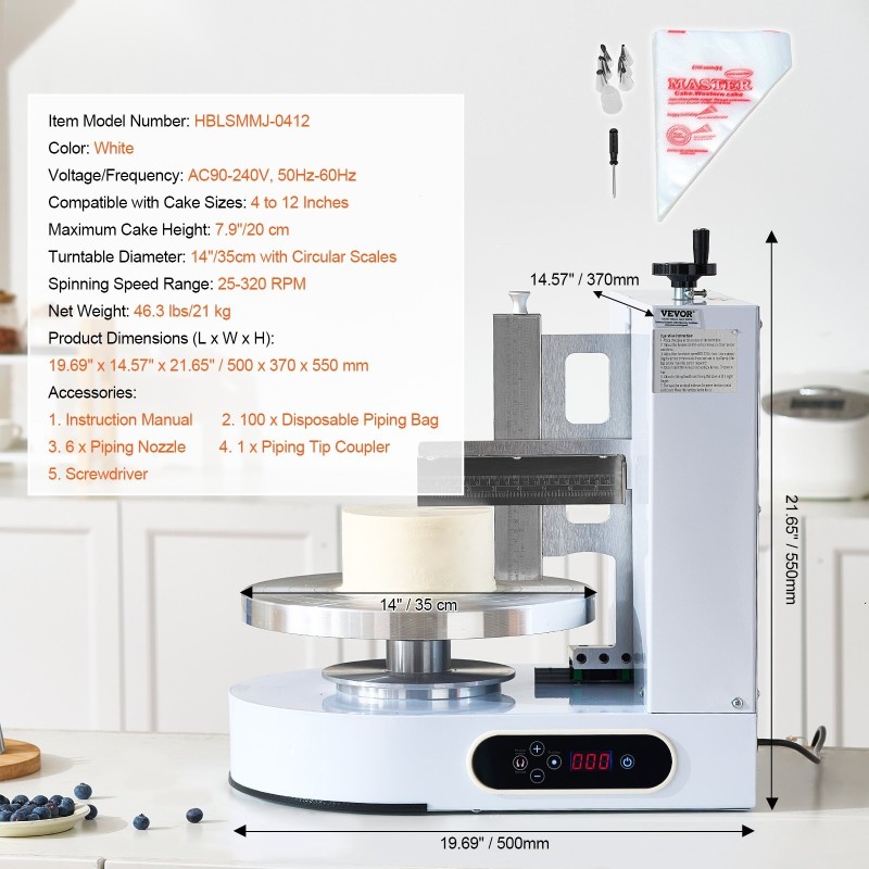 Kakunkoristelukone ammattikäyttöön 4–12 tuuman kakuille säädettävällä lastalla valkoisena