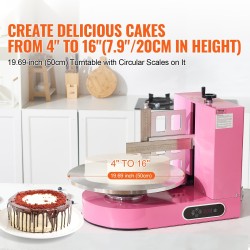 Kakun kuorrutuskone säädettävällä kaavimella 4–16 tuuman kakuille 35 cm pyöröalustalla vaaleanpunainen