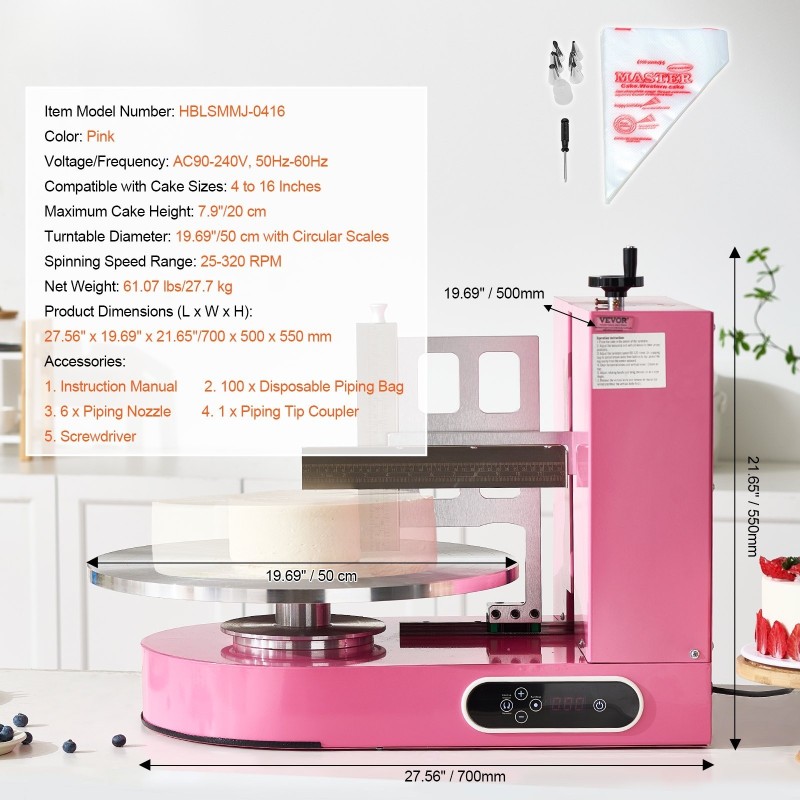 Kakun kuorrutuskone säädettävällä kaavimella 4–16 tuuman kakuille 35 cm pyöröalustalla vaaleanpunainen