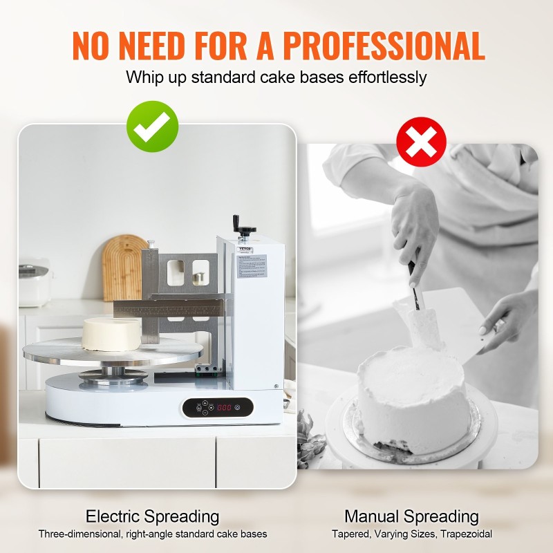 Kakunkoristelukone 4–16 tuuman kakkuihin 20 senttimetrin korkeuteen säädettävällä kaavimella valkoinen