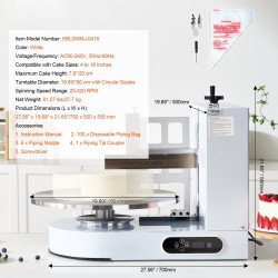 Kakunkoristelukone 4–16 tuuman kakkuihin 20 senttimetrin korkeuteen säädettävällä kaavimella valkoinen