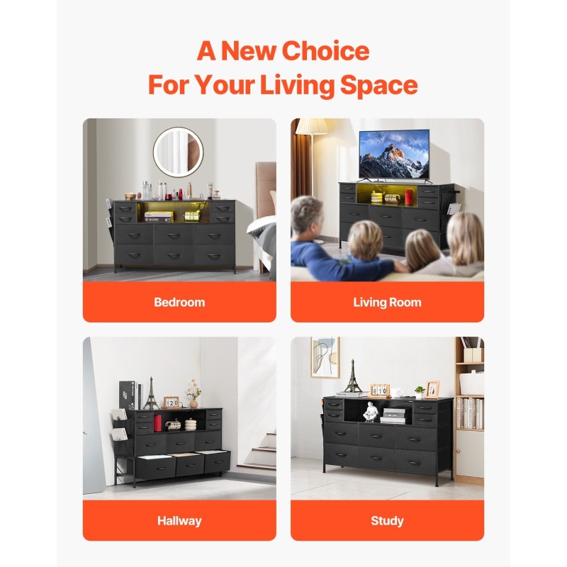 Kangaslaatikosto 10 laatikkoa teräsrunko PU-nahkaiset yksityiskohdat LED-valaistus sisäänrakennetut pistorasiat avohylly musta