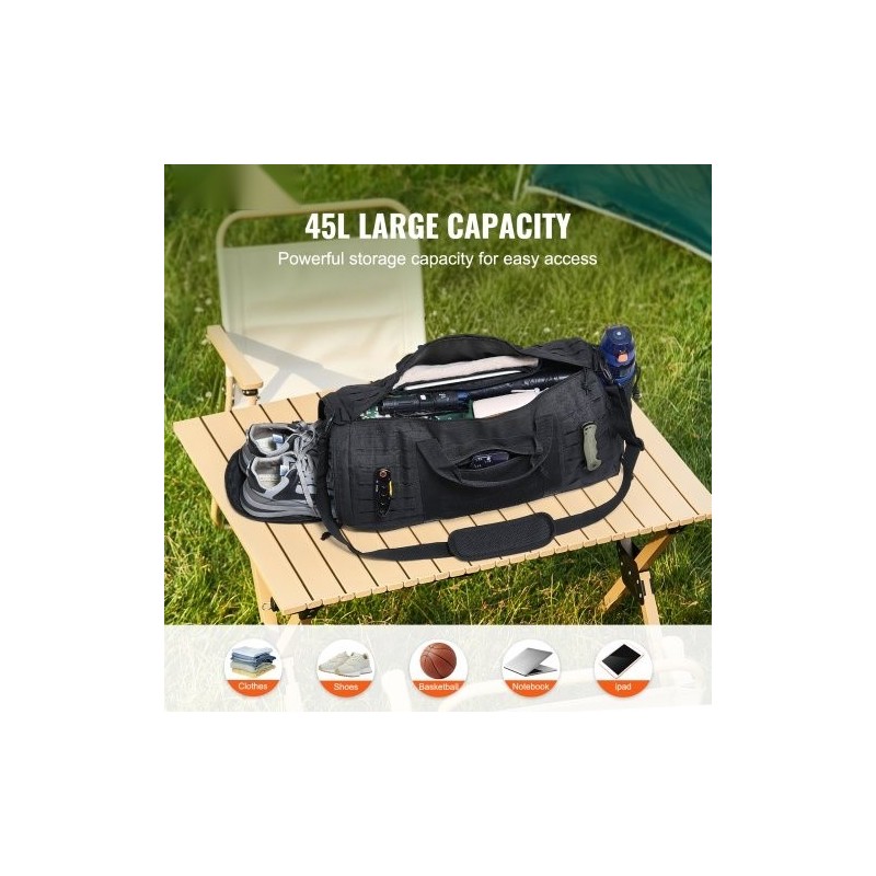 Taktinen duffel-laukku 45L 600D polyesteri musta MOLLE-järjestelmä vedenpitävä kenkäosasto