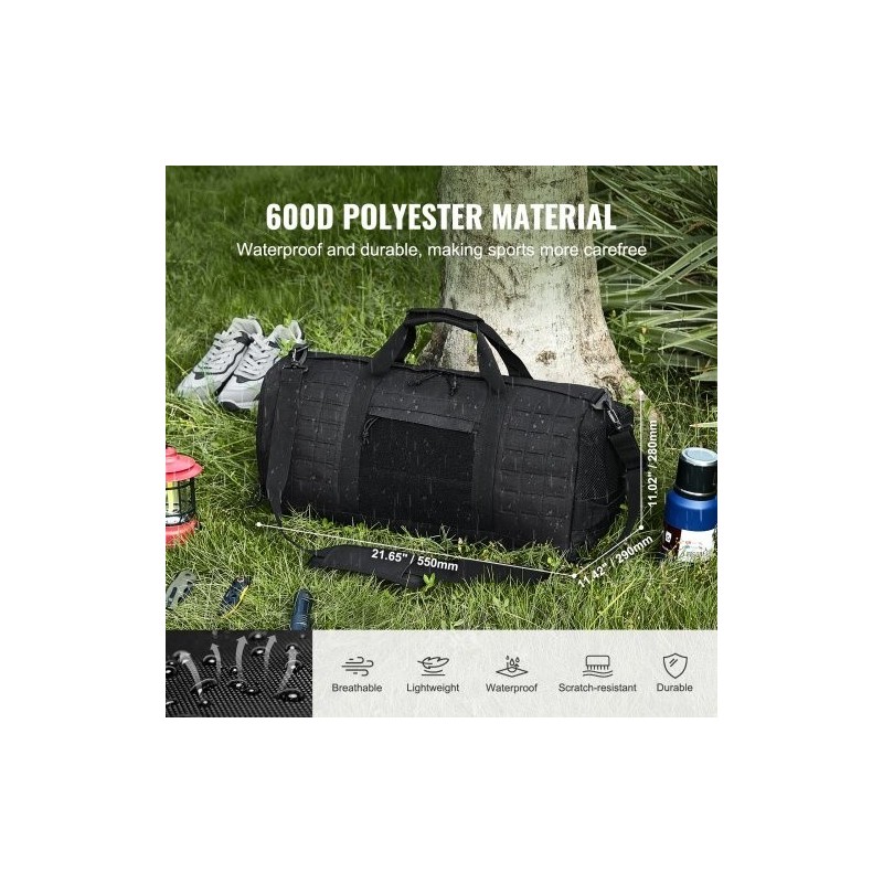 Taktinen duffel-laukku 45L 600D polyesteri musta MOLLE-järjestelmä vedenpitävä kenkäosasto