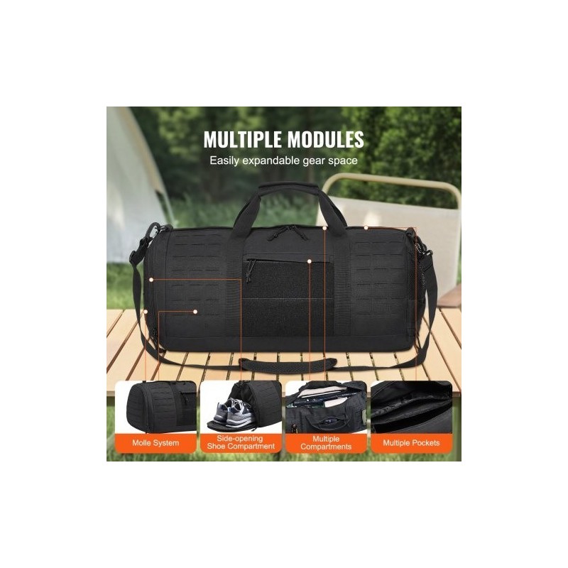 Taktinen duffel-laukku 45L 600D polyesteri musta MOLLE-järjestelmä vedenpitävä kenkäosasto