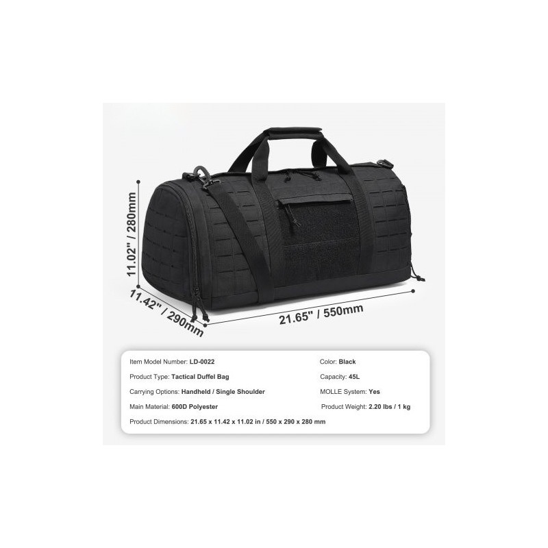 Taktinen duffel-laukku 45L 600D polyesteri musta MOLLE-järjestelmä vedenpitävä kenkäosasto