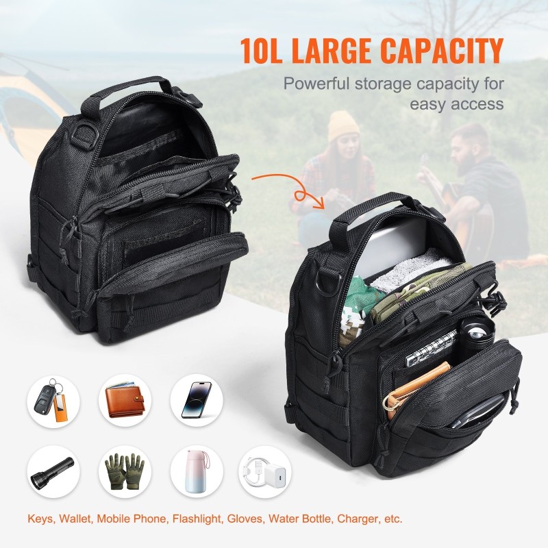 Yksihihnainen 10 litran olkalaukku 600D polyesteri MOLLE-järjestelmällä musta