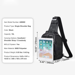 Yksihihnainen 10 litran olkalaukku 600D polyesteri MOLLE-järjestelmällä musta