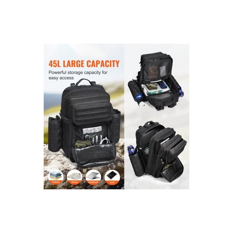 Taktinen reppu 45L 600D polyesteri musta MOLLE kiinnitysjärjestelmällä pehmustettu selkäosa