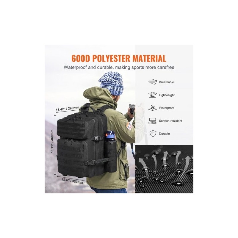 Taktinen reppu 45L 600D polyesteri musta MOLLE kiinnitysjärjestelmällä pehmustettu selkäosa