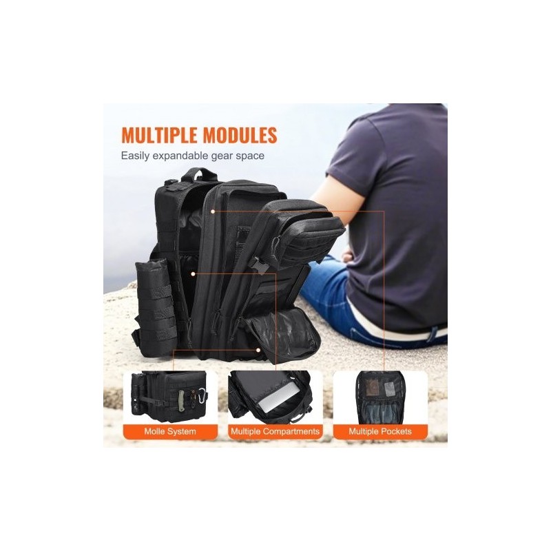 Taktinen reppu 45L 600D polyesteri musta MOLLE kiinnitysjärjestelmällä pehmustettu selkäosa