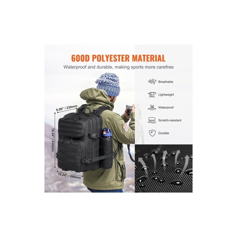 Taktinen reppu 25L 600D polyesteri MOLLE musta vaellukseen