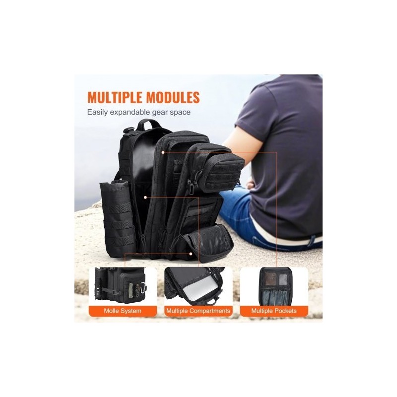 Taktinen reppu 25L 600D polyesteri MOLLE musta vaellukseen