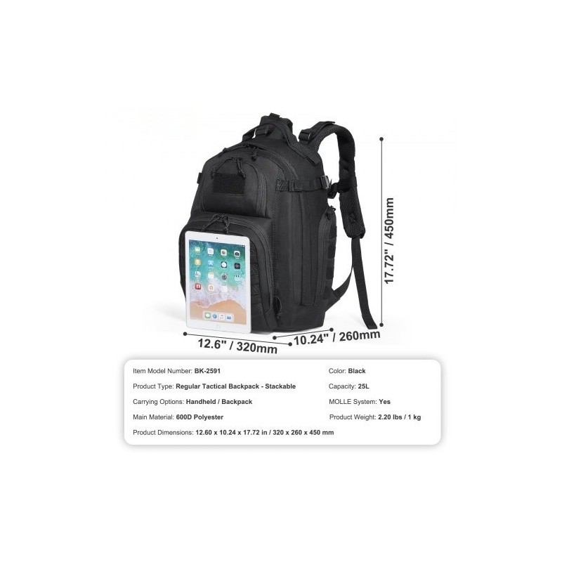 Taktinen reppu 25L kestävä 600D polyesteri MOLLE-järjestelmällä musta