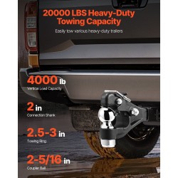 Pintle-vetokoukku hiiliteräs musta pulverimaalipinta 9070 kg vetokyky yhdistelmä 2-5/16 kuulavetolaite