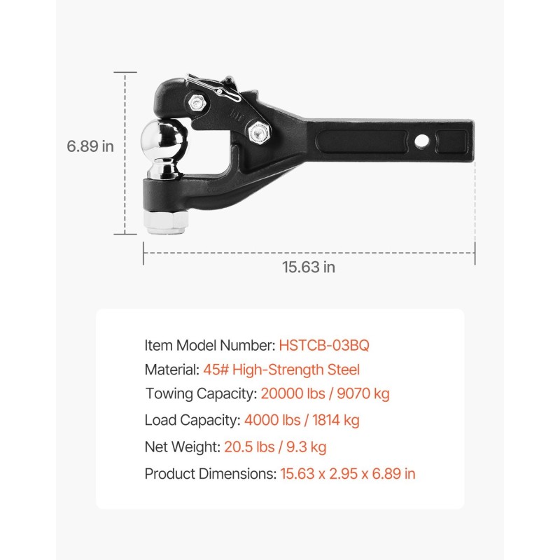 Pintle-vetokoukku hiiliteräs musta pulverimaalipinta 9070 kg vetokyky yhdistelmä 2-5/16 kuulavetolaite