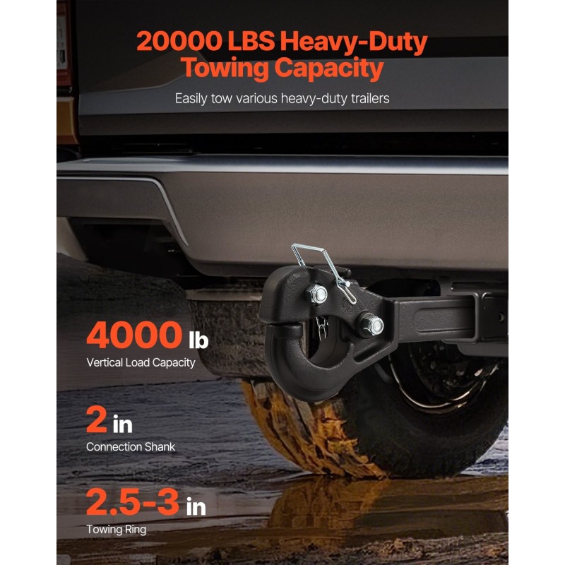 Pintlekoukku hiiliteräs 9070 kg vetokapasiteetti 2 tuuman vastaanottimelle 2,5–3 tuuman lunettarenkaalle