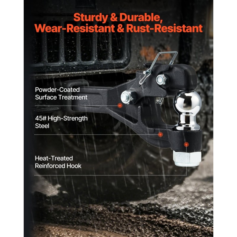 Pintle-vetokoukku hiiliteräs 7256 kg vetokapasiteetti 2-tuumainen vetopallo 2,5–3-tuumaisille lunette-renkaille musta