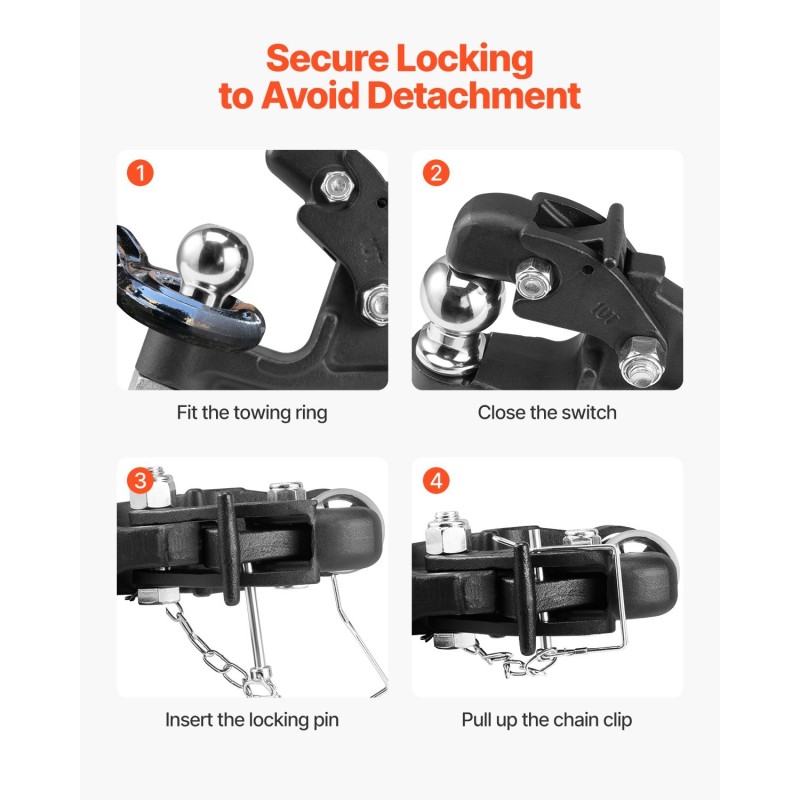 Pintle-vetokoukku hiiliteräs 7256 kg vetokapasiteetti 2-tuumainen vetopallo 2,5–3-tuumaisille lunette-renkaille musta