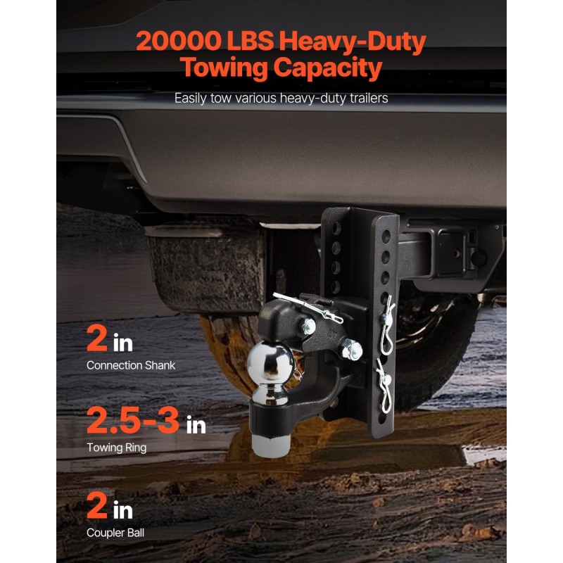 Säädettävä vetosilmukkavetolaite hiiliteräs 9070 kg vetokyky 2 tuuman vastaanottimeen 2,5–3 tuuman lunette-renkaalle