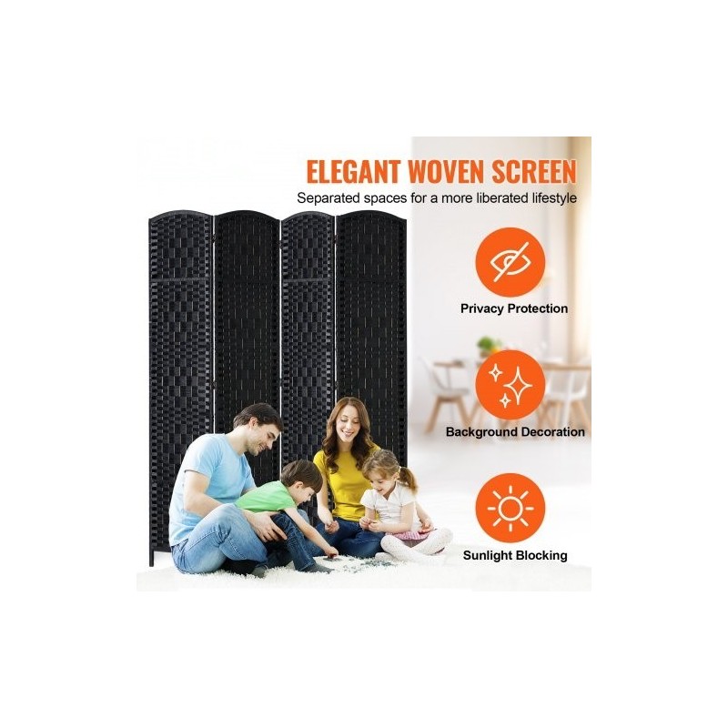 Neliosainen taitettava tilanjakaja keisaripuusta ja paperirottingista musta