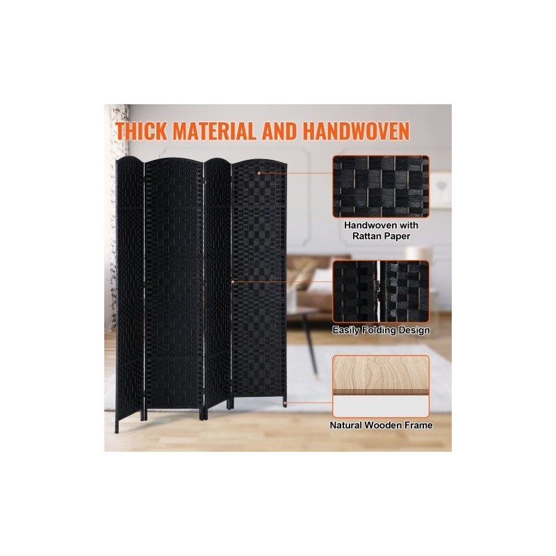 Neliosainen taitettava tilanjakaja keisaripuusta ja paperirottingista musta