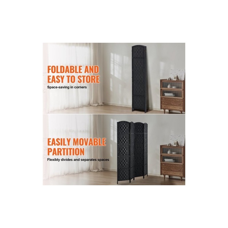 Neliosainen taitettava tilanjakaja keisaripuusta ja paperirottingista musta