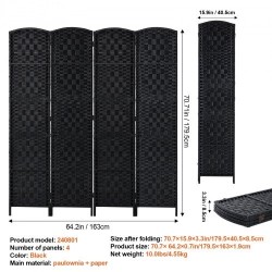 Neliosainen taitettava tilanjakaja keisaripuusta ja paperirottingista musta