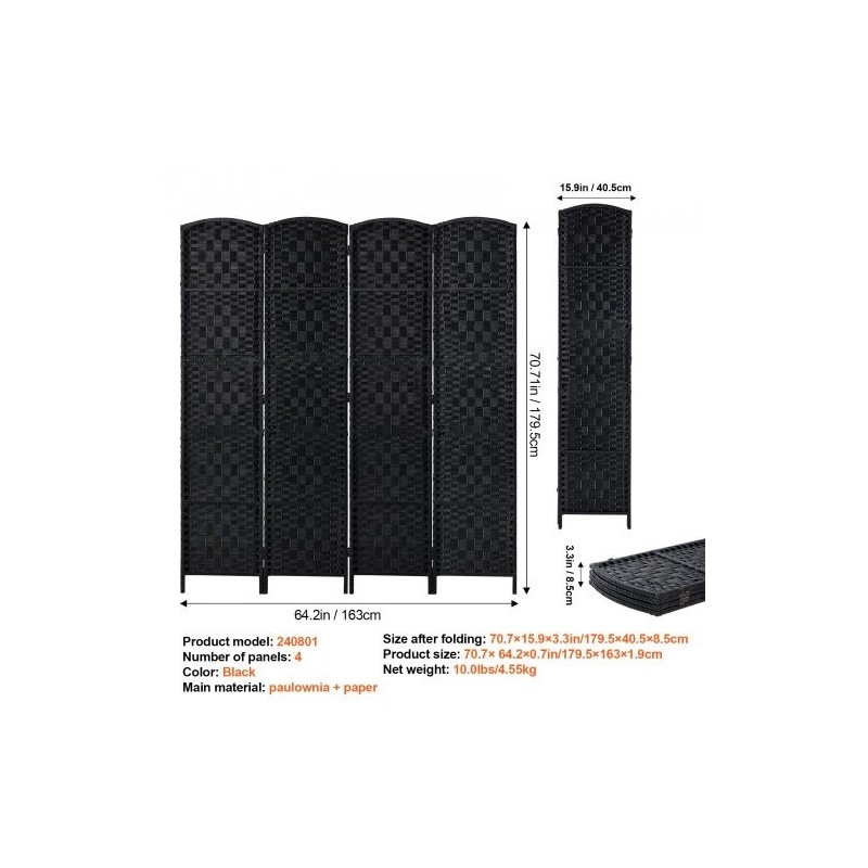 Neliosainen taitettava tilanjakaja keisaripuusta ja paperirottingista musta