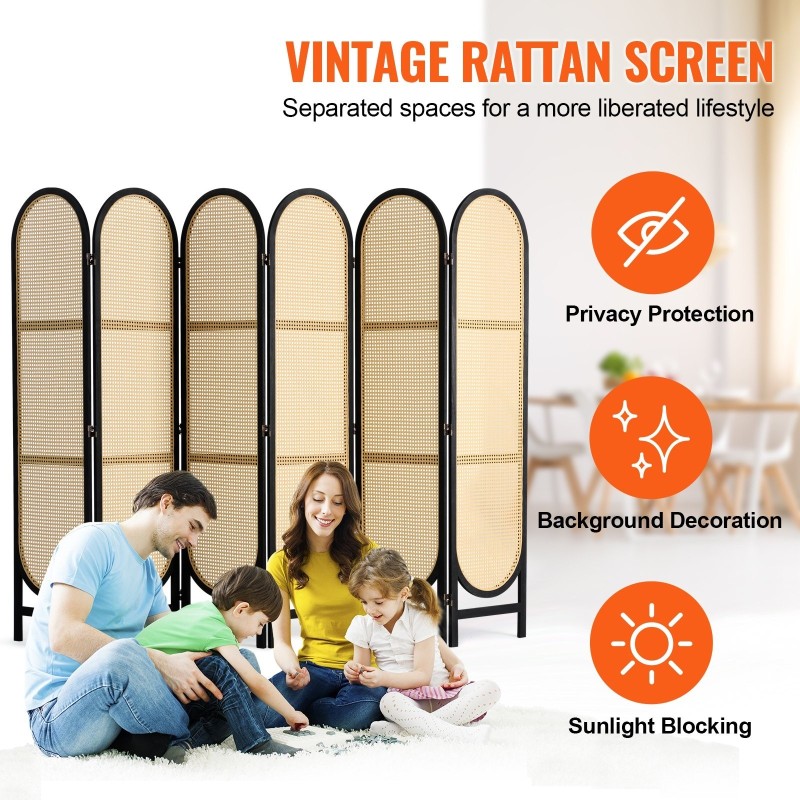 Tilanjakaja 6 paneelia käsinkudottu rottinki paulownia puurunko taitettava musta ja ruskea