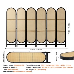 Tilanjakaja 6 paneelia käsinkudottu rottinki paulownia puurunko taitettava musta ja ruskea