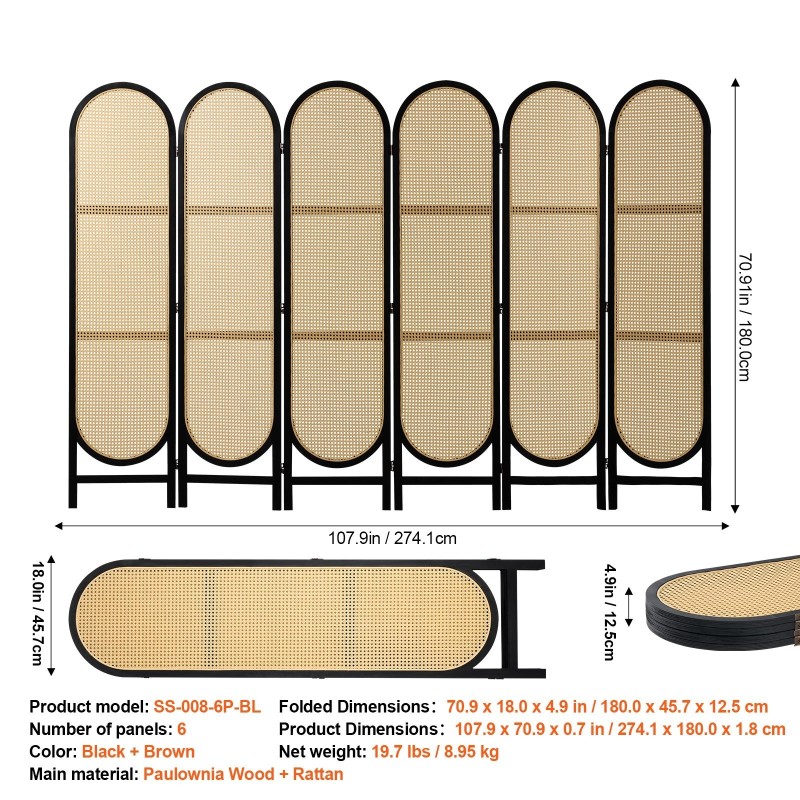 Tilanjakaja 6 paneelia käsinkudottu rottinki paulownia puurunko taitettava musta ja ruskea