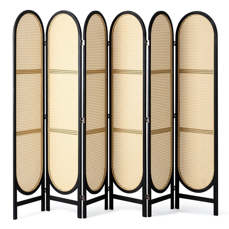 Tilanjakaja 6 paneelia käsinkudottu rottinki paulownia puurunko taitettava musta ja ruskea