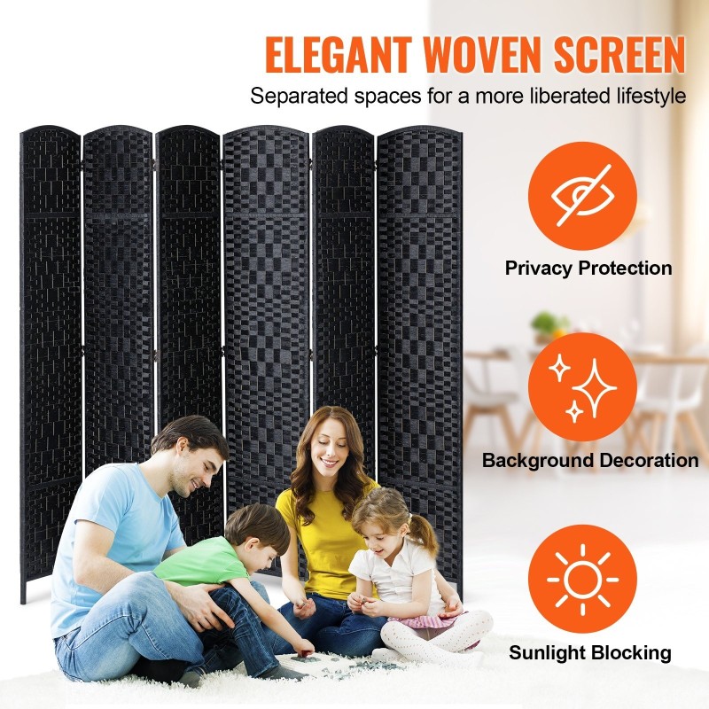 6-paneelinen taitettava tilanjakaja keisaripuurunko käsinkudottu paperirottinki musta