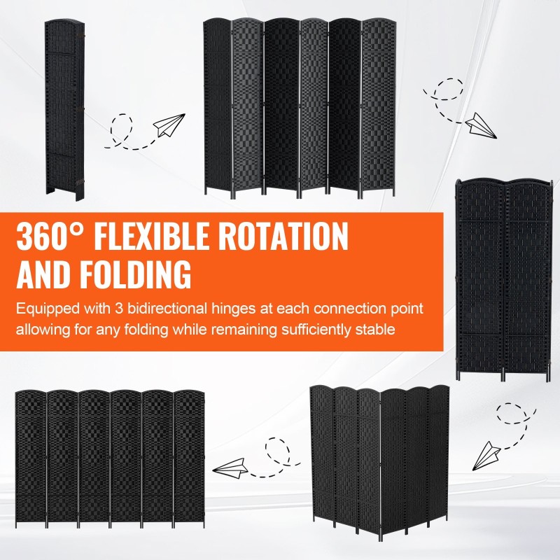 6-paneelinen taitettava tilanjakaja keisaripuurunko käsinkudottu paperirottinki musta