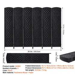 6-paneelinen taitettava tilanjakaja keisaripuurunko käsinkudottu paperirottinki musta